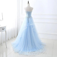 A Line Evening Prom Dresses Sweetheart Tulle With Applique Sweep Train