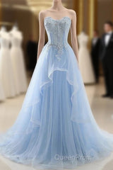 A Line Evening Prom Dresses Sweetheart Tulle With Applique Sweep Train