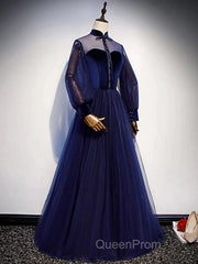 A-Line Evening Prom Dresses Vintage Dresses Party Wear Floor Length Long Sleeve Stand Collar Tulle With Bow(S) Strappy