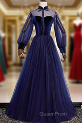 A-Line Evening Prom Dresses Vintage Dresses Party Wear Floor Length Long Sleeve Stand Collar Tulle With Bow(S) Strappy
