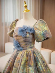 A-Line Puff Sleeves Gold Long Evening Prom Dresses Quinceanera Dresses With Flower Elegant