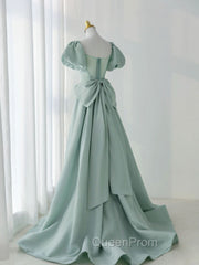 A-Line Puff Sleeves Green Long Evening Prom Dresses, Green Evening Dresses