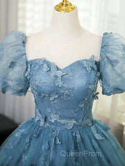 A-Line Puff Sleeves Lace Gray Blue Long Evening Prom Dresses, Gray Blue Formal Dresses