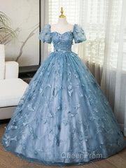 A-Line Puff Sleeves Lace Gray Blue Long Evening Prom Dresses, Gray Blue Formal Dresses