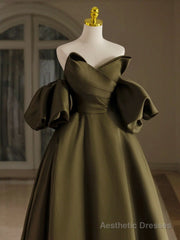 A-Line Puff Sleeves Olive Green Satin Long Prom Dress, Olive Green Long Evening Dress