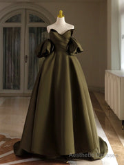 A-Line Puff Sleeves Olive Green Satin Long Prom Dress, Olive Green Long Formal Dress