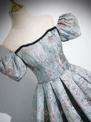 A-Line Puff Sleeves Satin Gray Blue Long Evening Prom Dresses, Gray Blue Long Evening Dresses