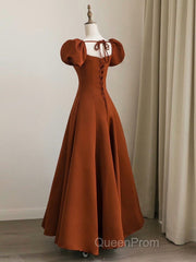 A-Line Puff Sleeves Satin Long Evening Prom Dresses, Long Evening Dresses