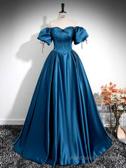 A-Line Puff Sleeves Satin Peacock Blue Long Prom Dress, Peacock Blue Long Formal Dress