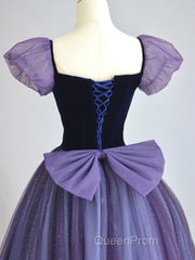 A-Line Puff Sleeves Tulle Velvet Purple Long Evening Prom Dresses, Purple Long Formal Dresses