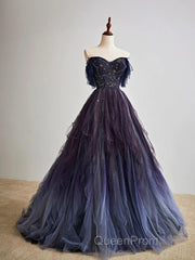 A-Line Purple Gradient Tulle Long Evening Prom Dresses