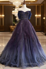 A-Line Purple Gradient Tulle Long Evening Prom Dresses