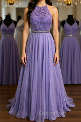 A Line Purple Lace Long Evening Prom Dresses with Belt, Purple Lace Formal Dresses, Purple Evening Dresses, Bridesmaid Dresses