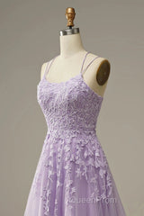 A-Line Purple Spaghetti Straps Long Evening Prom Dresses With Appliques