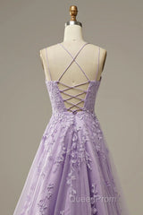 A-Line Purple Spaghetti Straps Long Evening Prom Dresses With Appliques