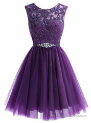 A-Line Purple Tulle Lace Apliques Beading Homecoming Dress
