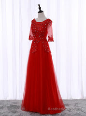 A-Line Red Half Sleeve Lace Bridesmaid Dress