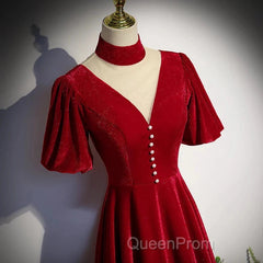 A-Line Red High Neckline Velvet Long Party Dresses Short Sleeves Velvet Evening Prom Dresses