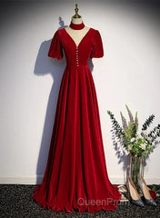 A-Line Red High Neckline Velvet Long Party Dresses Short Sleeves Velvet Evening Prom Dresses