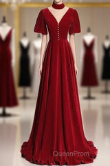 A-Line Red High Neckline Velvet Long Party Dresses Short Sleeves Velvet Evening Prom Dresses
