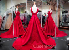 A Line Red Evening Prom Dresses V Neck Satin Long Evening Dresses