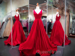 A Line Red Evening Prom Dresses V Neck Satin Long Evening Dresses