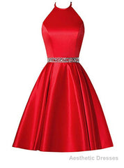 A-Line Red Satin Halter Beaidng Crystal Homecoming Dress With Pocket