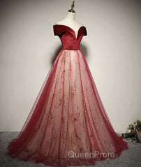 A-Line Red Tulle And Velvet Off Shoulder Long Evening Prom Dresses, Red Evening Dresses