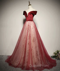 A-Line Red Tulle And Velvet Off Shoulder Long Evening Prom Dresses, Red Evening Dresses