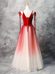 A-Line Red Velvet Tulle Long Evening Prom Dresses, Red Evening Dresses