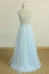 A Line Round Neck Baby Blue Lace Long Evening Prom Dresses with Butterfly, Baby Blue Lace Formal Graduation Evening Dresses