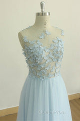 A Line Round Neck Baby Blue Lace Long Evening Prom Dresses with Butterfly, Baby Blue Lace Formal Graduation Evening Dresses
