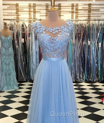 A Line Round Neck Blue Lace Appliques Tulle Long Evening Prom Dresses, Blue Lace Graduation Dresses, Blue Evening Formal Dresses