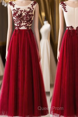 A Line Round Neck Burgundy Lace Tulle Long Evening Prom Dresses, Burgundy Lace Evening Dresses, Burgundy Lace Graduation Dresses