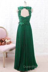 A Line Round Neck Green Lace Long Evening Prom Dresses Bridesmaid Dresses, Open Back Lace Green Formal Dresses, Green Lace Evening Dresses