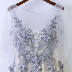 A Line Round Neck Half Sleeves Gray Lace Evening Prom Dresses, Gray Floral Long Formal Evening Dresses