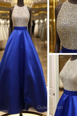 A Line Round Neck Sequins Backless Royal Blue Evening Prom Dresses, Royal Blue Formal Dresses, Backless Royal Blue Evening Dresses