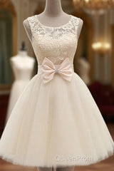 A Line Round Neck Short Ivory Lace Evening Prom Dresses, Short Champagne Lace Bridesmaid Dresses, Lace Homecoming Dresses, Lace Graduation Dresses