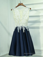 A Line Round Neck Short Lace Prom Dresses, Navy Blue Short Lace Formal Homecoming Dresses