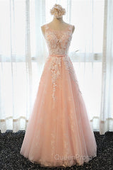 A Line Round Neck Sleeveless Lace Grey/Pink/Champagne Evening Prom Dresses, Lace Formal Dresses, Evening Dresses