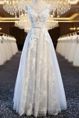 A Line Round Neck Sleeveless Lace Grey/Pink/Champagne Evening Prom Dresses, Lace Formal Dresses, Evening Dresses