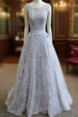 A-Line Round Neck Tulle Lace Long Gray Evening Prom Dresses, Bridesmaid Dresses