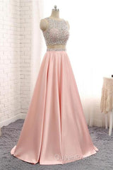 A Line Round Neck Two Pieces Beaded Pink Evening Prom Dresses, Two Pieces Pink Formal Dresses, Pink Evening Dresses