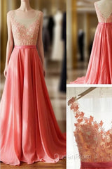 A Line Round Neck V Neck Back Long Coral Lace Evening Prom Dresses, Long Lace Formal Dresses, Evening Dresses, Bridesmaid Dresses
