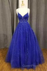 A-Line Royal Blue Formal Gown Long V-Neck Lace Evening Prom Dresses Applique