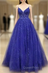 A-Line Royal Blue Formal Gown Long V-Neck Lace Evening Prom Dresses Applique