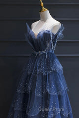 A Line Royal Blue Tulle Beaded Long Senior Evening Prom Dresses