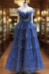 A Line Royal Blue Tulle Beaded Long Senior Evening Prom Dresses