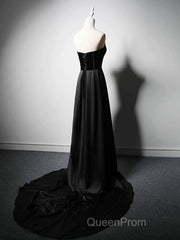 A-Line Satin Black Long Evening Prom Dresses, Black Long Formal Dresses