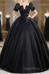 A-Line Satin Black Long Evening Prom Dresses Quinceanera Dresses Short Sleeves Evening Dresses